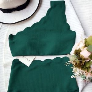 Hunter Green Scalloped One Shoulder Bikini